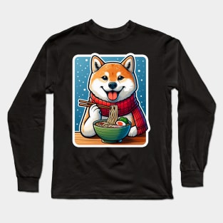 Shiba Inu Eating Ramen Snowing Long Sleeve T-Shirt